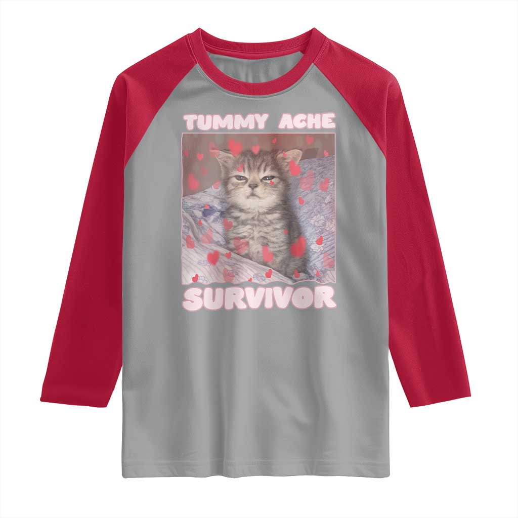 Tummy Ache Survivor Raglan Shirt Funny Cute Cat Meme - Wonder Print Shop
