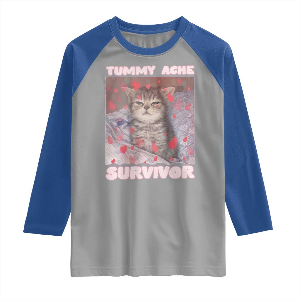 Tummy Ache Survivor Raglan Shirt Funny Cute Cat Meme - Wonder Print Shop
