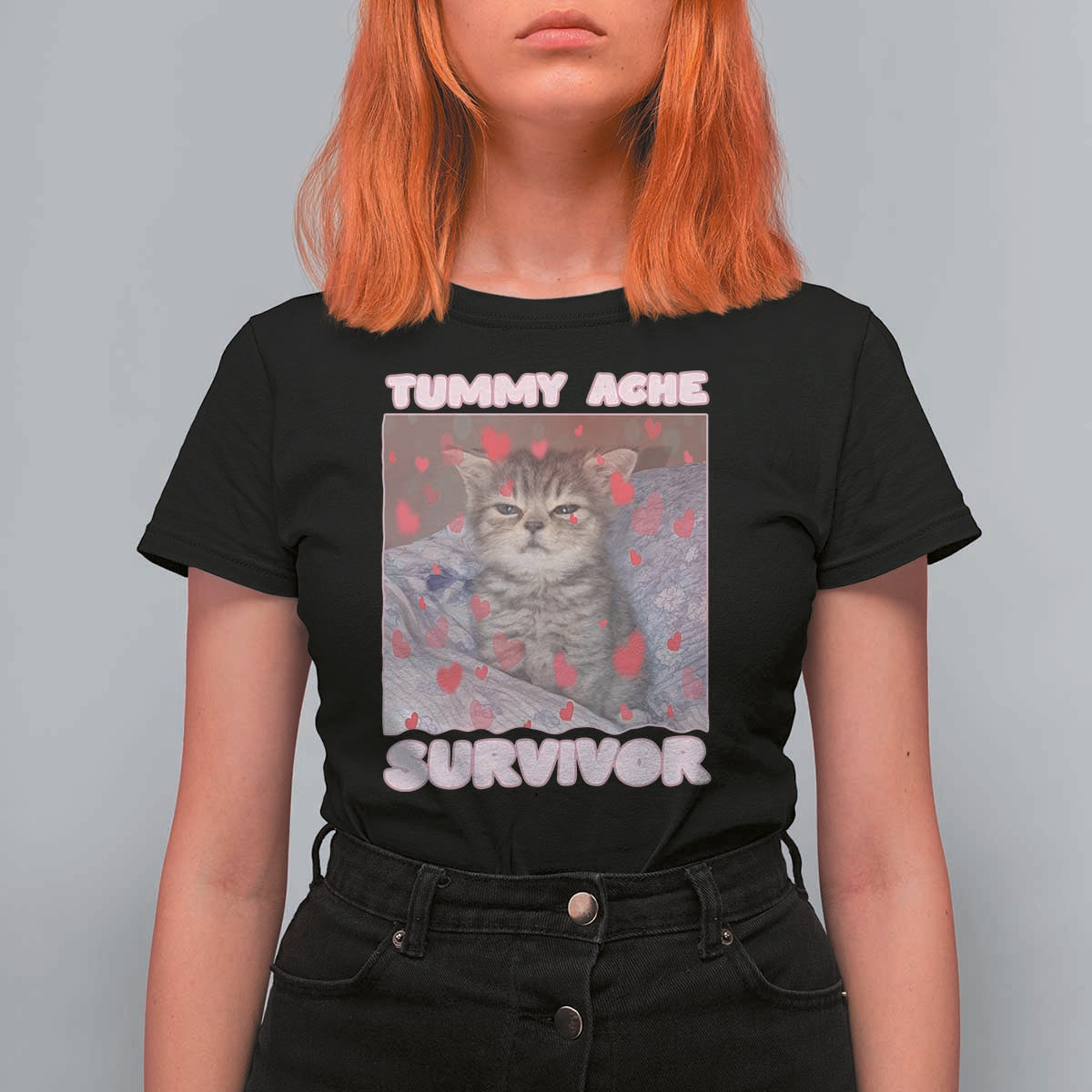 Tummy Ache Survivor T Shirt For Women Funny Cute Cat Meme - Wonder Print Shop