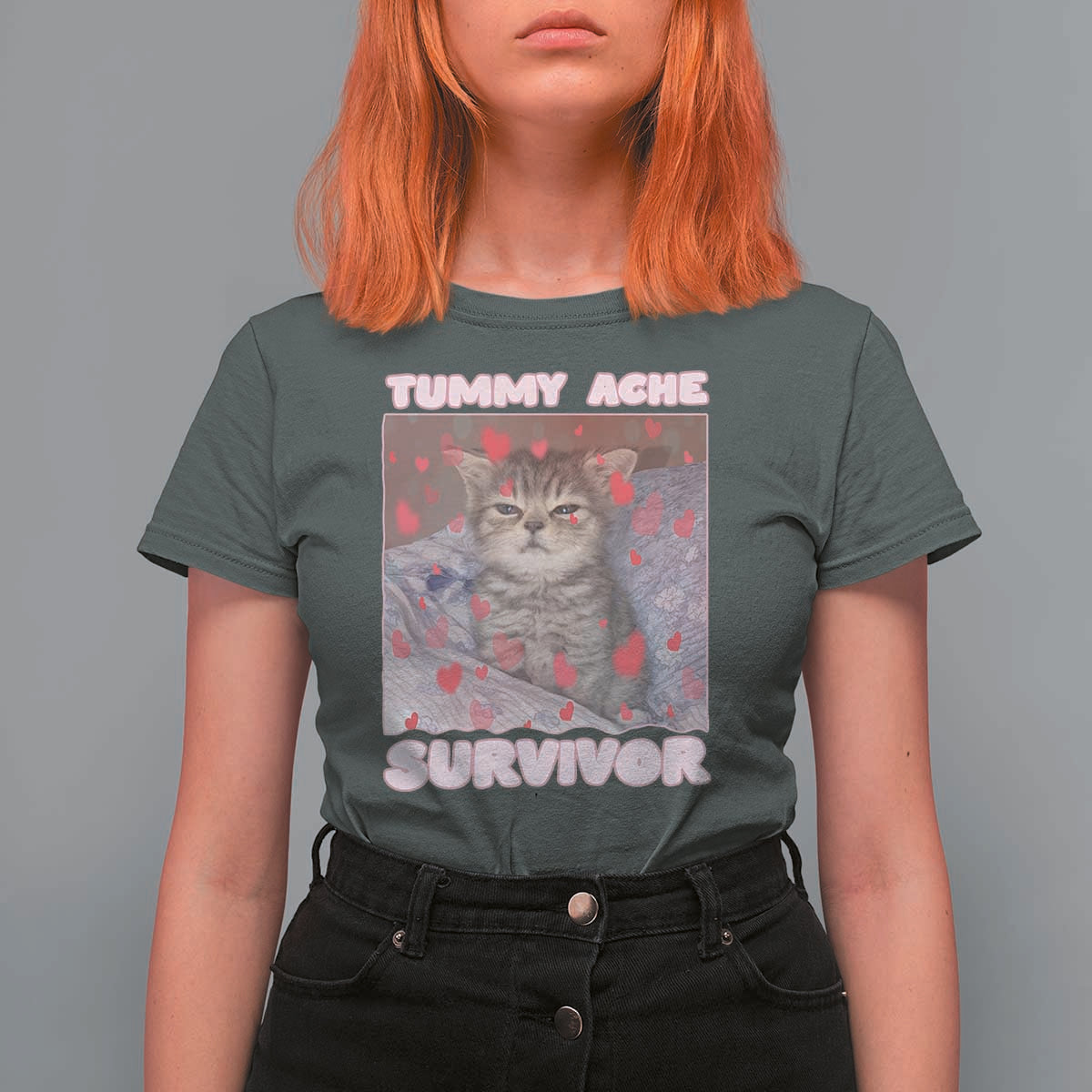 Tummy Ache Survivor T Shirt For Women Funny Cute Cat Meme - Wonder Print Shop