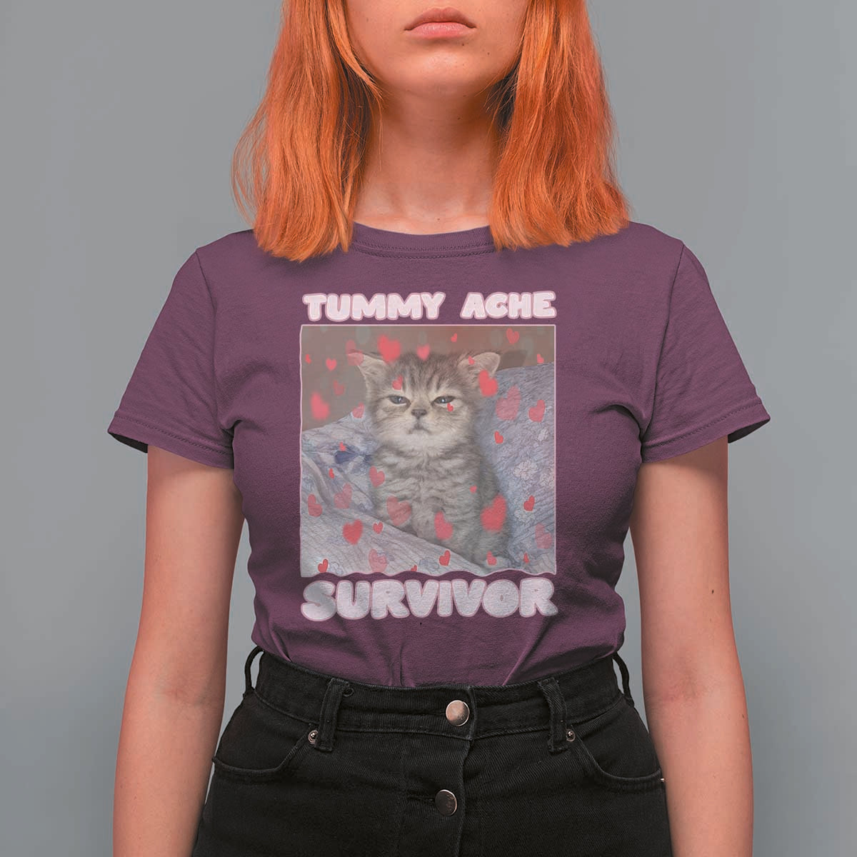 Tummy Ache Survivor T Shirt For Women Funny Cute Cat Meme - Wonder Print Shop