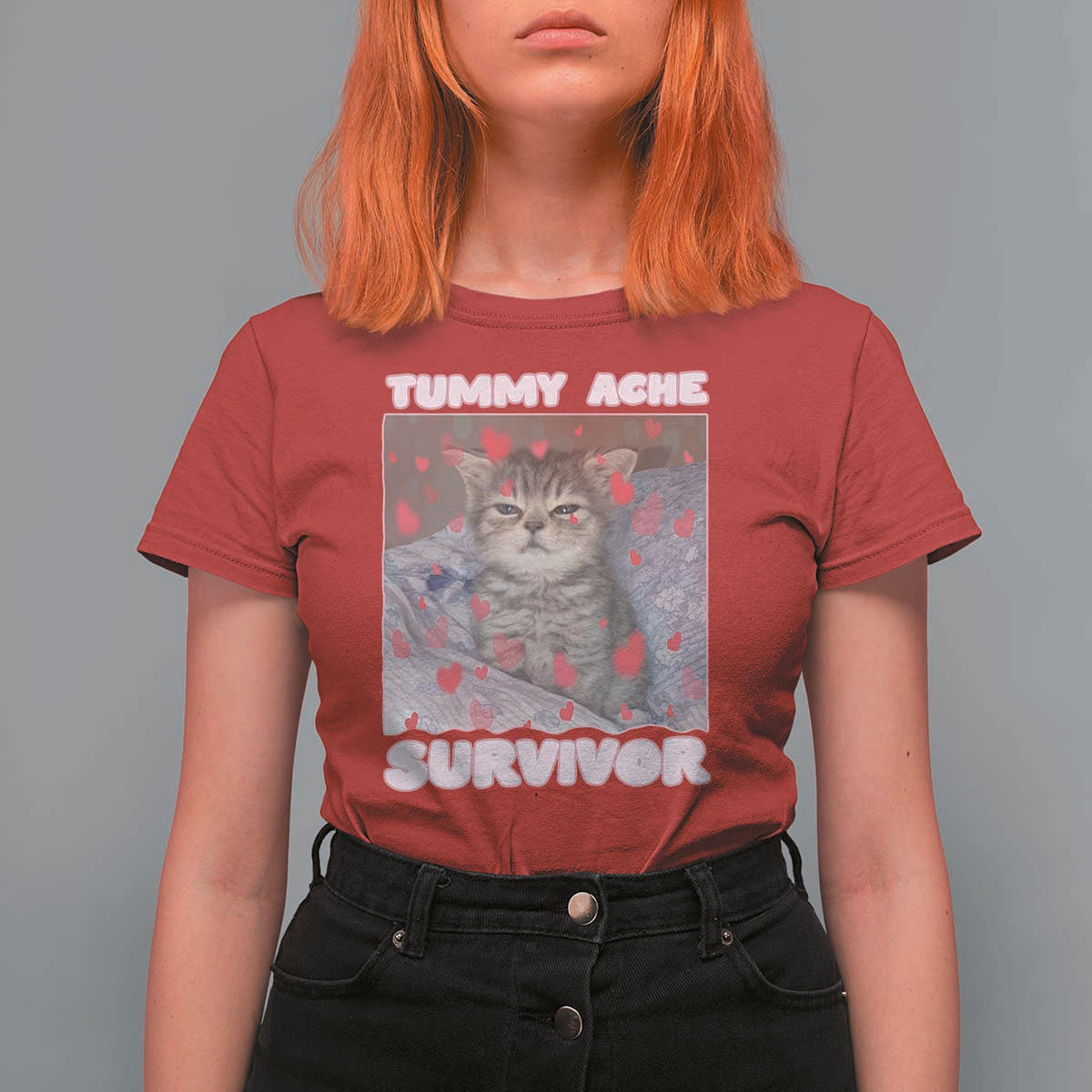 Tummy Ache Survivor T Shirt For Women Funny Cute Cat Meme - Wonder Print Shop