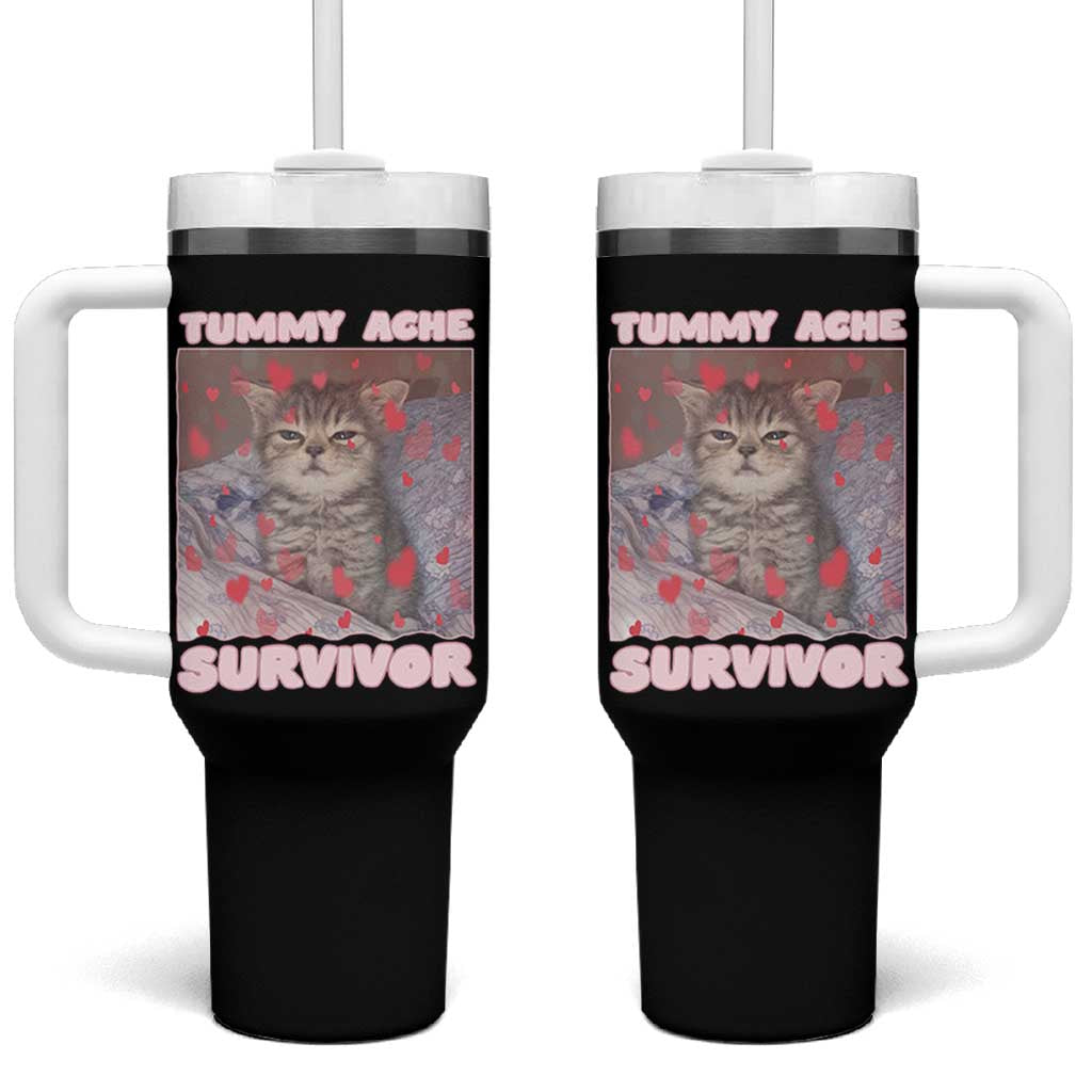 Tummy Ache Survivor Tumbler With Handle Funny Cute Cat Meme - Wonder Print Shop