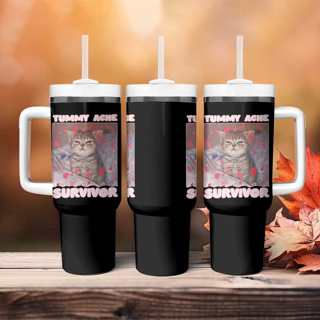 Tummy Ache Survivor Tumbler With Handle Funny Cute Cat Meme - Wonder Print Shop