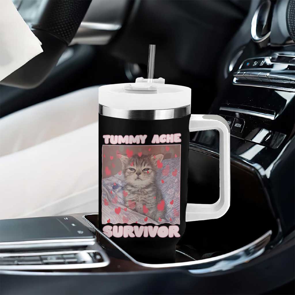 Tummy Ache Survivor Tumbler With Handle Funny Cute Cat Meme - Wonder Print Shop