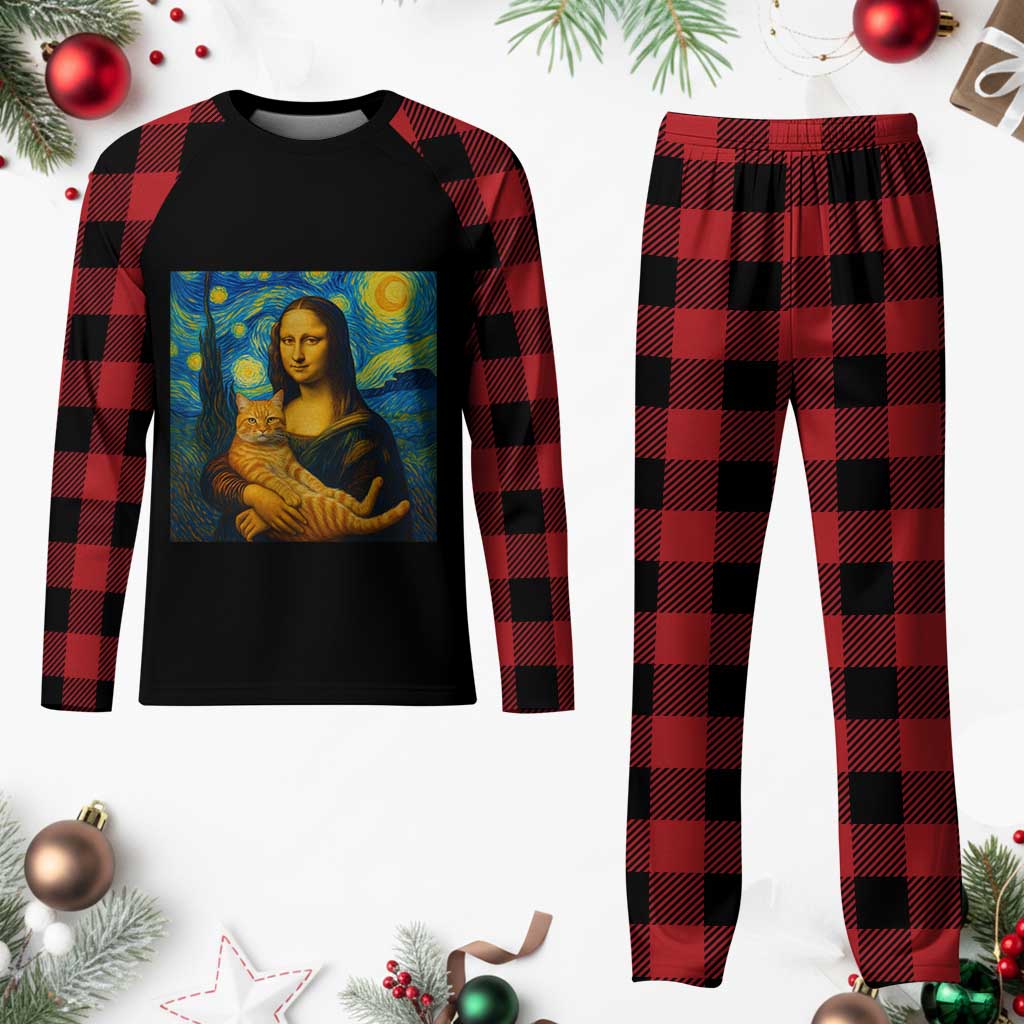 Mona Lisa Cat Starry Night Plaid Pajama Set - Wonder Print Shop