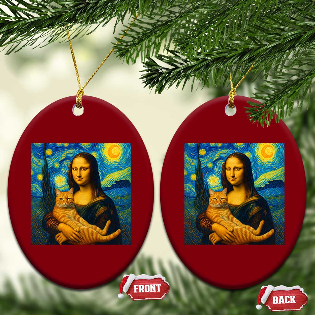 Mona Lisa Cat Starry Night Ceramic Ornament - Wonder Print Shop