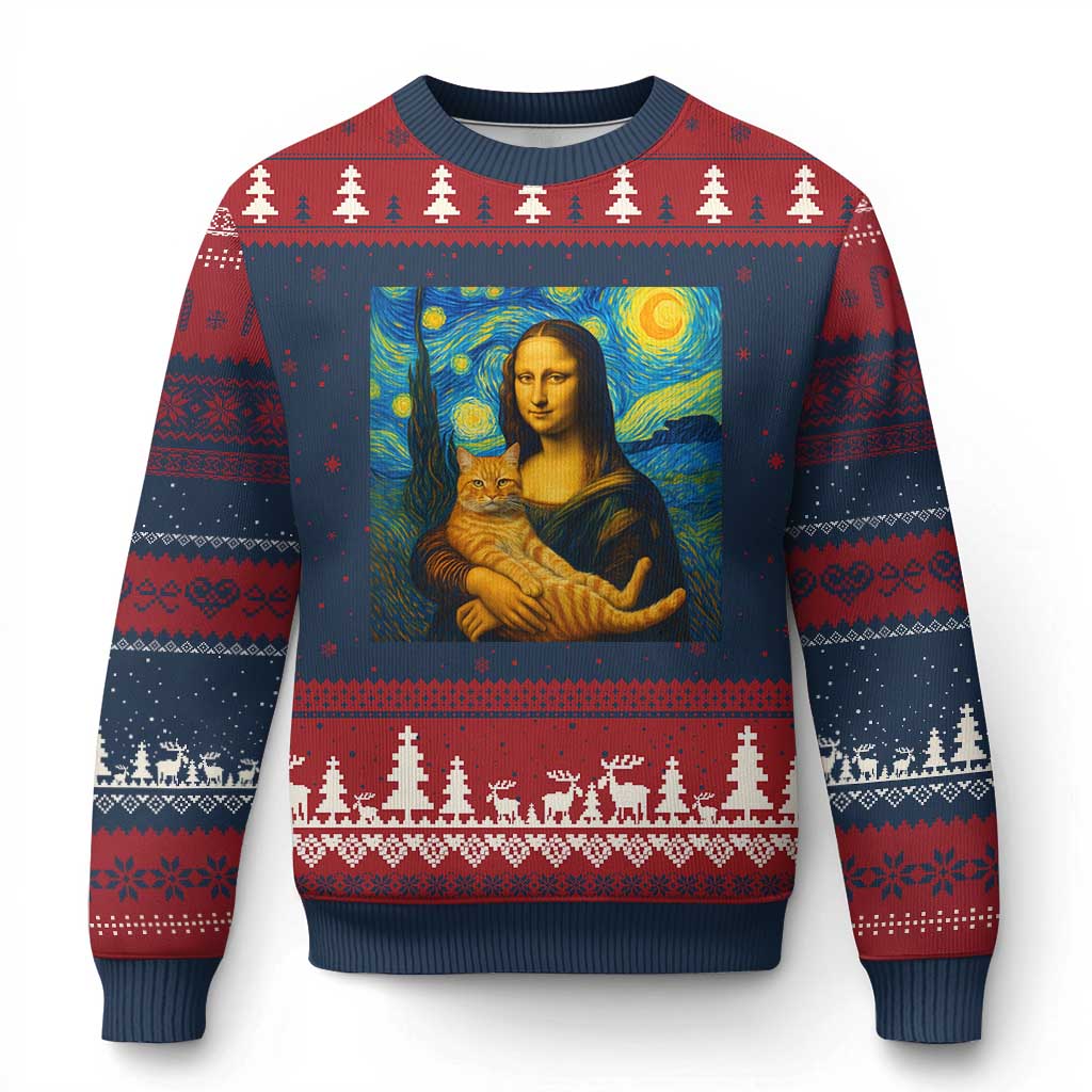 Mona Lisa Cat Starry Night Ugly Christmas Sweater - Wonder Print Shop