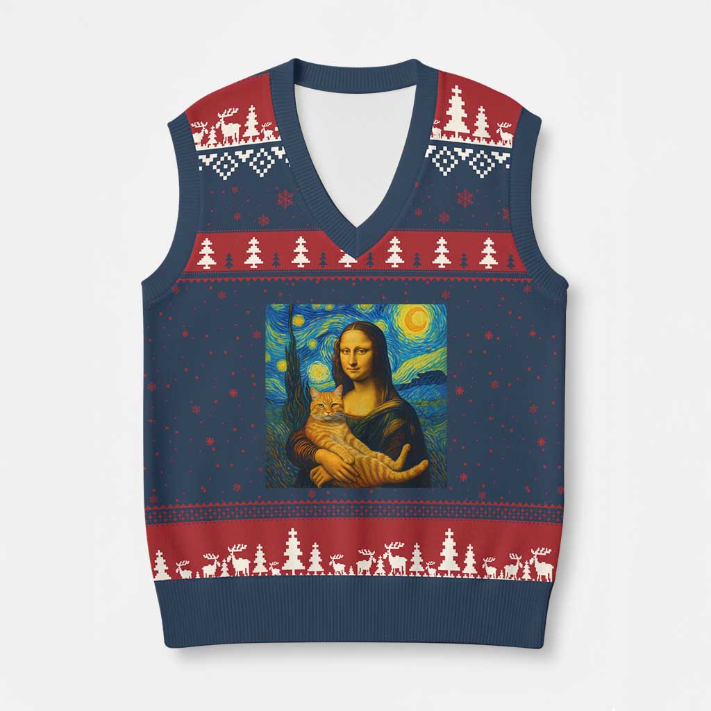 Mona Lisa Cat Starry Night V-Neck Knit Sweater Vest - Wonder Print Shop