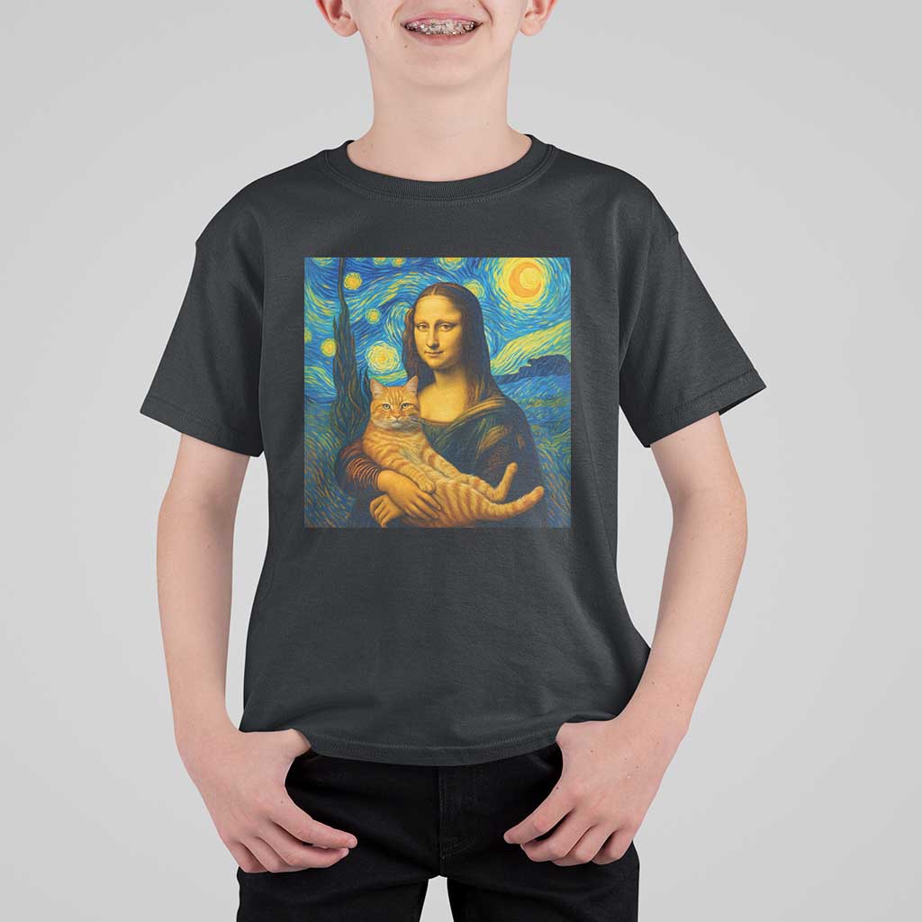 Mona Lisa Cat Starry Night T Shirt For Kid - Wonder Print Shop