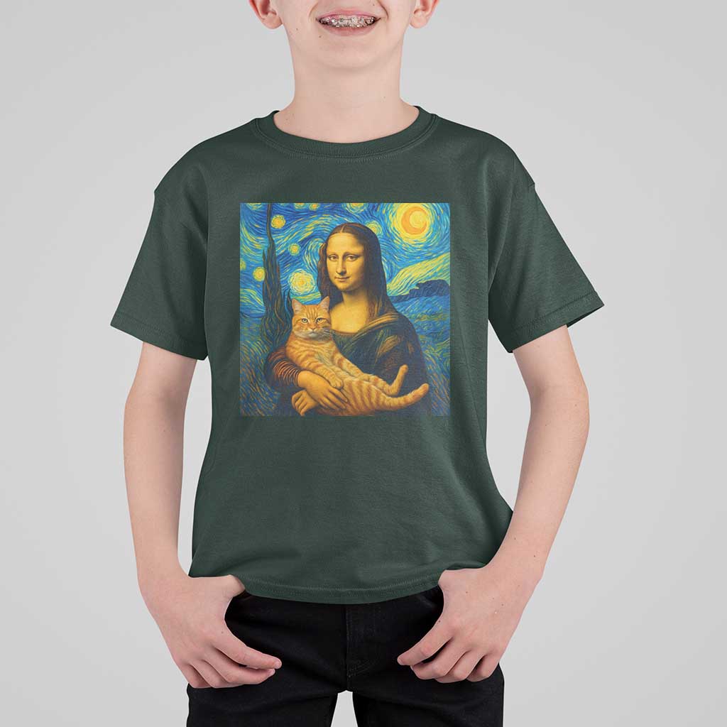 Mona Lisa Cat Starry Night T Shirt For Kid - Wonder Print Shop