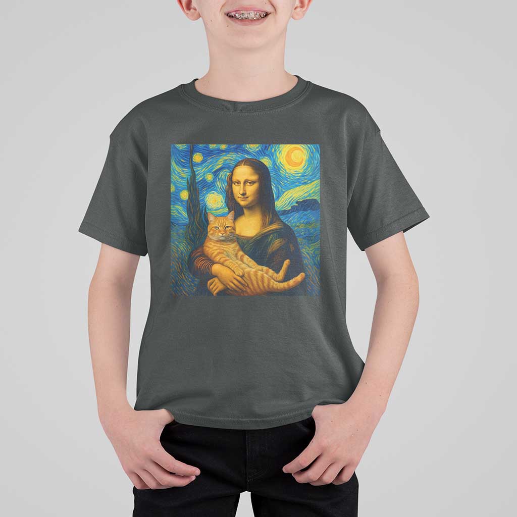 Mona Lisa Cat Starry Night T Shirt For Kid - Wonder Print Shop