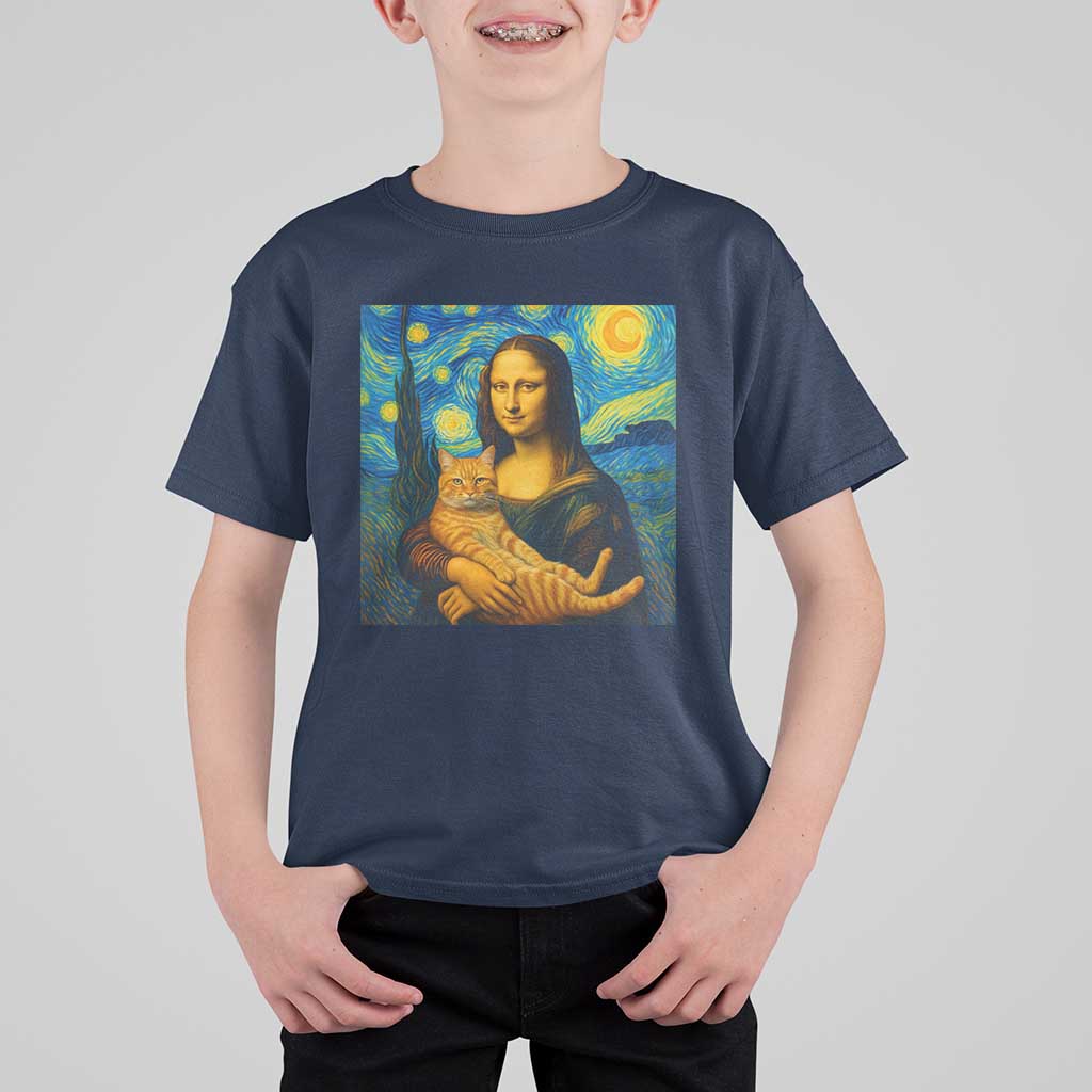 Mona Lisa Cat Starry Night T Shirt For Kid - Wonder Print Shop