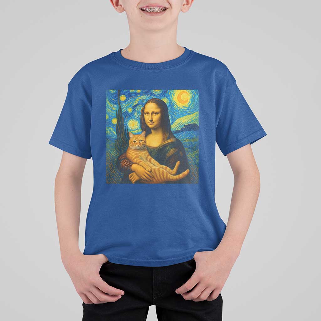 Mona Lisa Cat Starry Night T Shirt For Kid - Wonder Print Shop