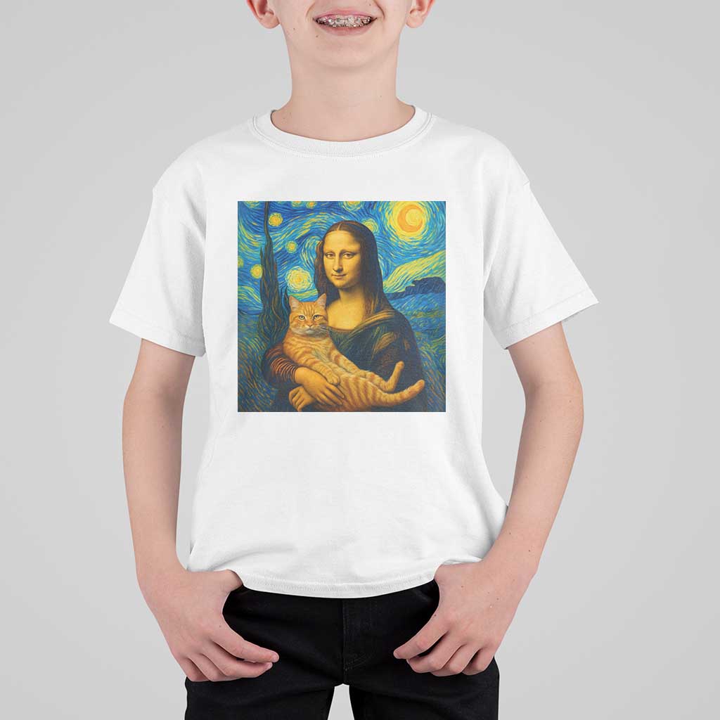 Mona Lisa Cat Starry Night T Shirt For Kid - Wonder Print Shop