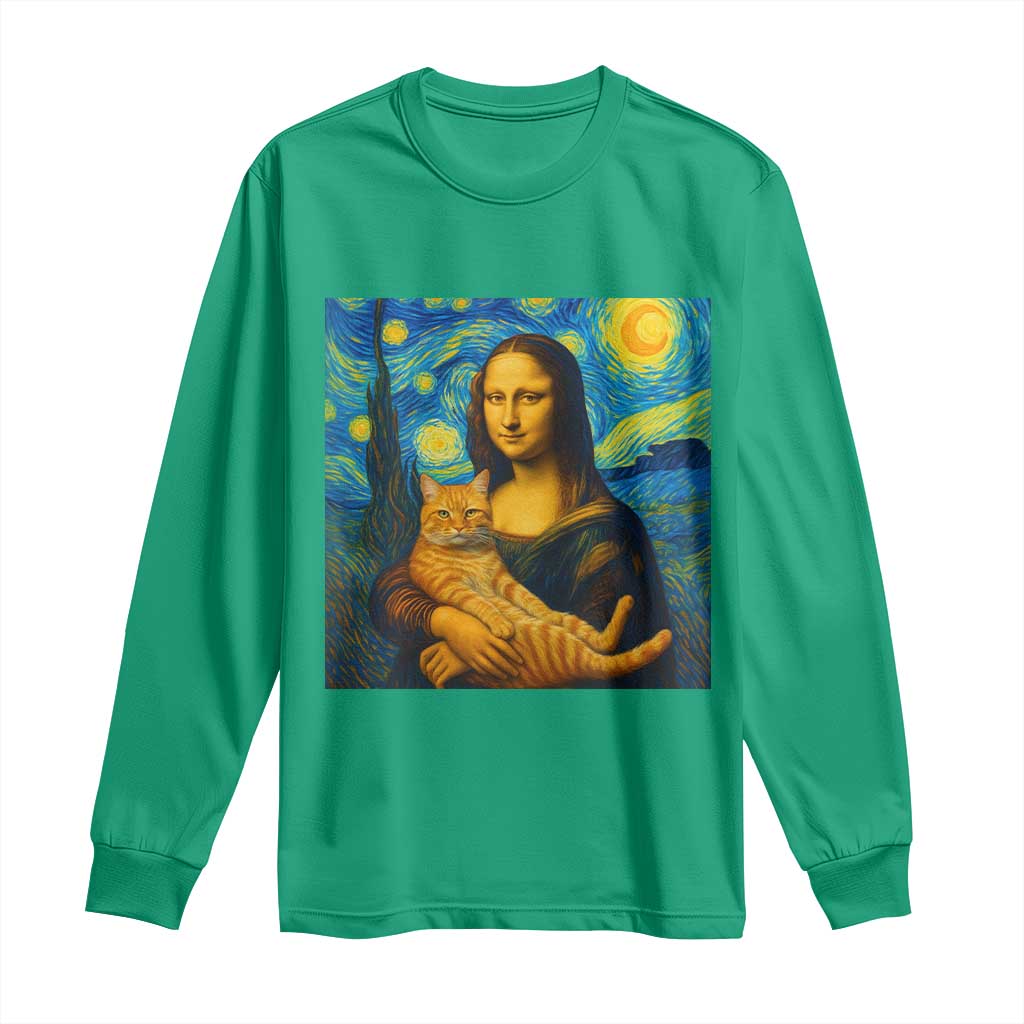 Mona Lisa Cat Starry Night Long Sleeve Shirt - Wonder Print Shop