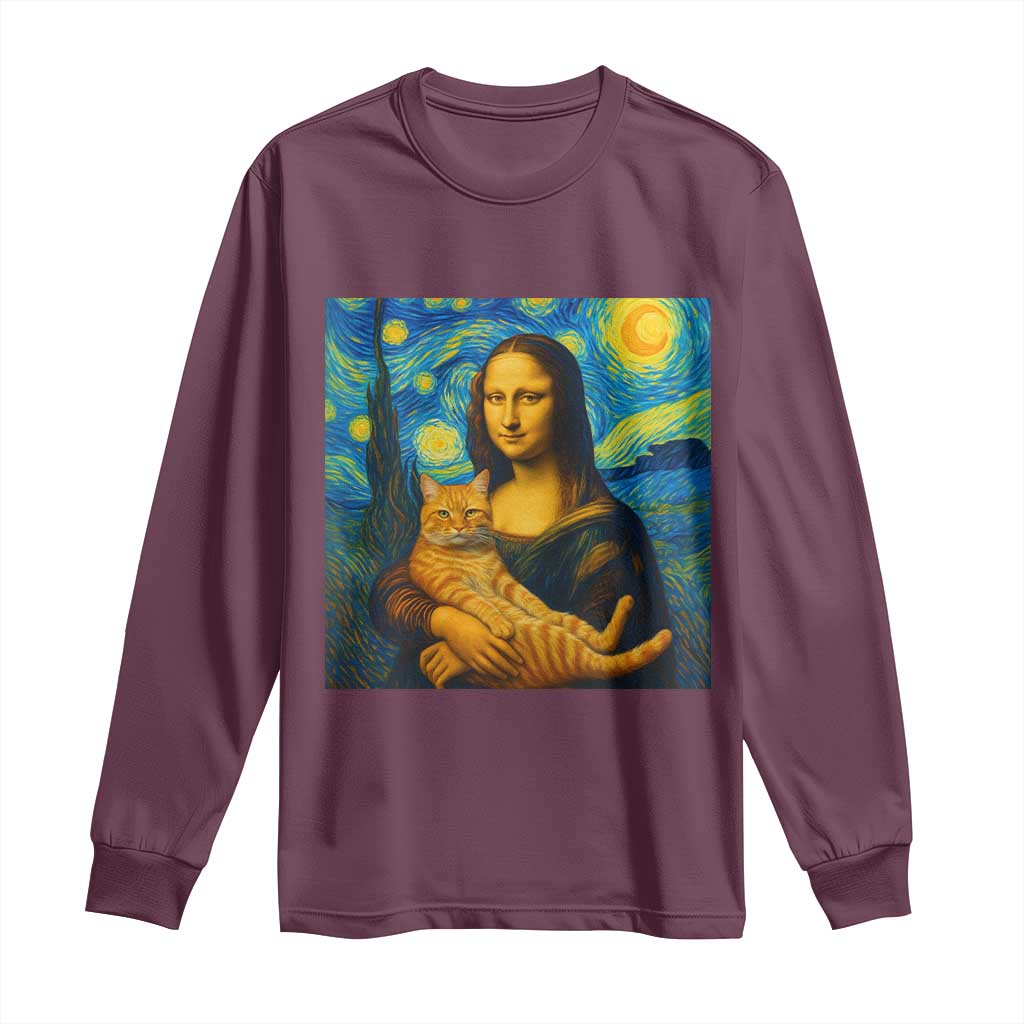 Mona Lisa Cat Starry Night Long Sleeve Shirt - Wonder Print Shop
