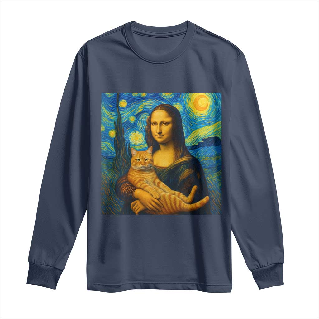 Mona Lisa Cat Starry Night Long Sleeve Shirt - Wonder Print Shop