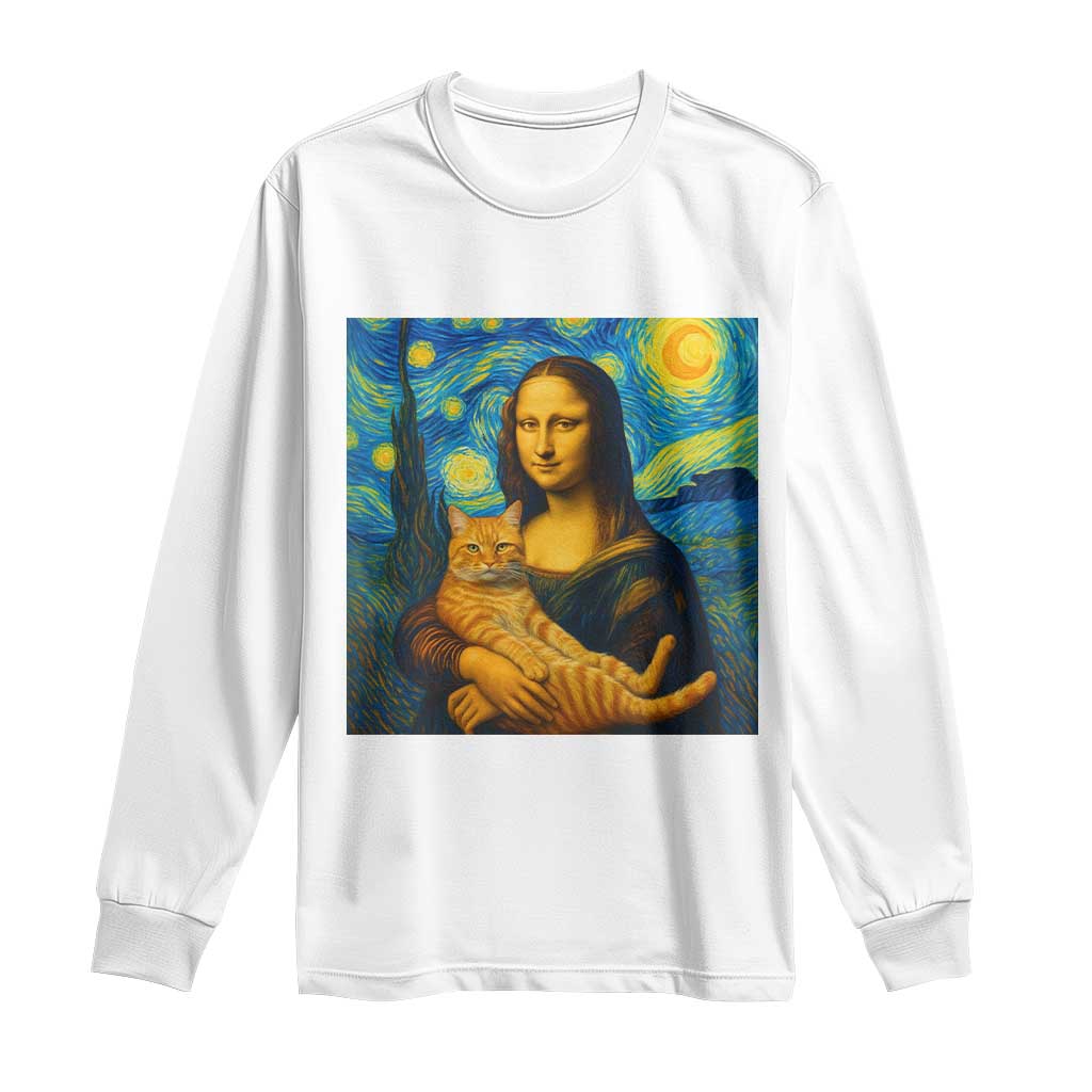 Mona Lisa Cat Starry Night Long Sleeve Shirt - Wonder Print Shop