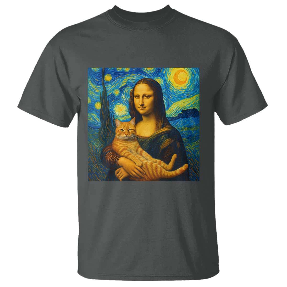 Mona Lisa Cat Starry Night T Shirt - Wonder Print Shop