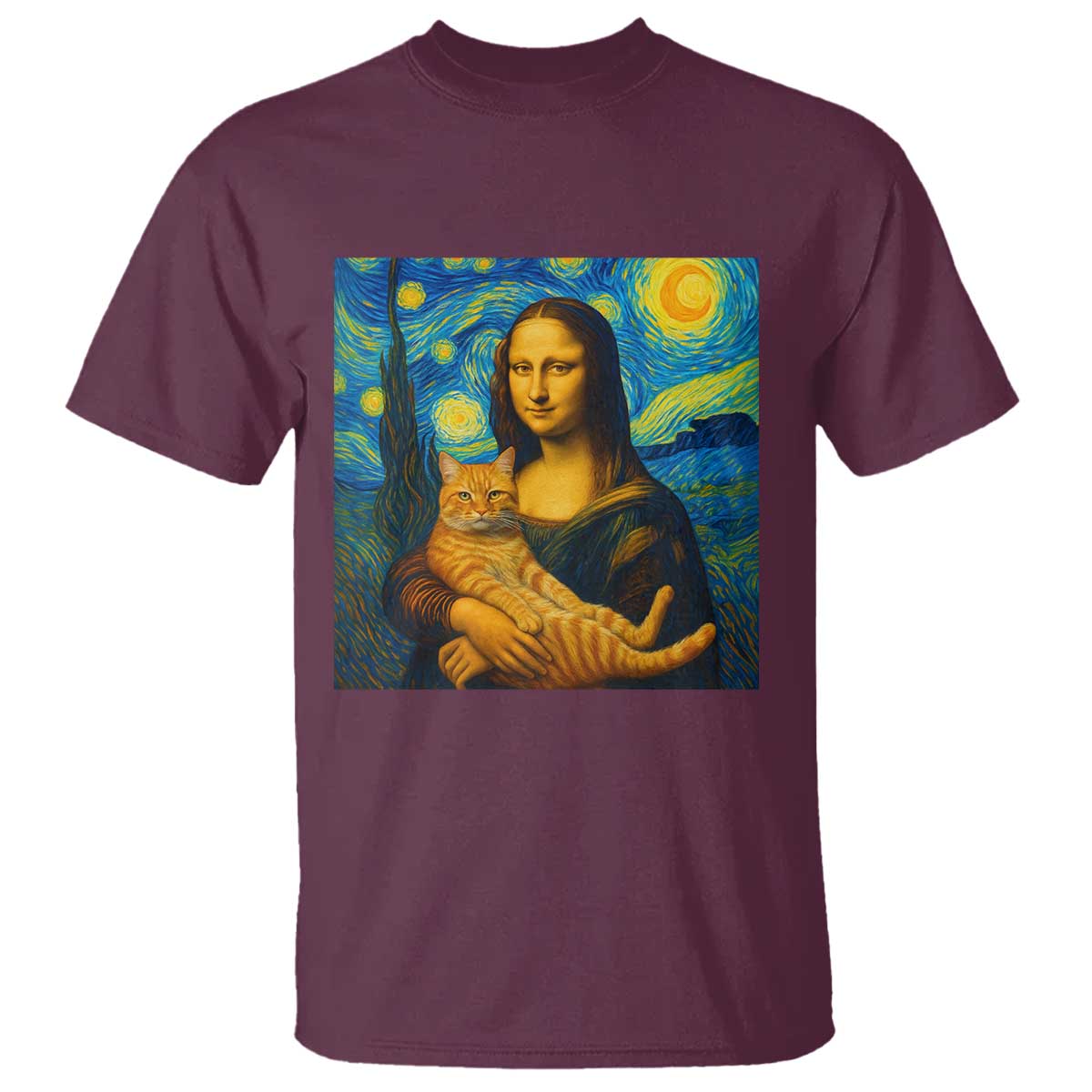 Mona Lisa Cat Starry Night T Shirt - Wonder Print Shop