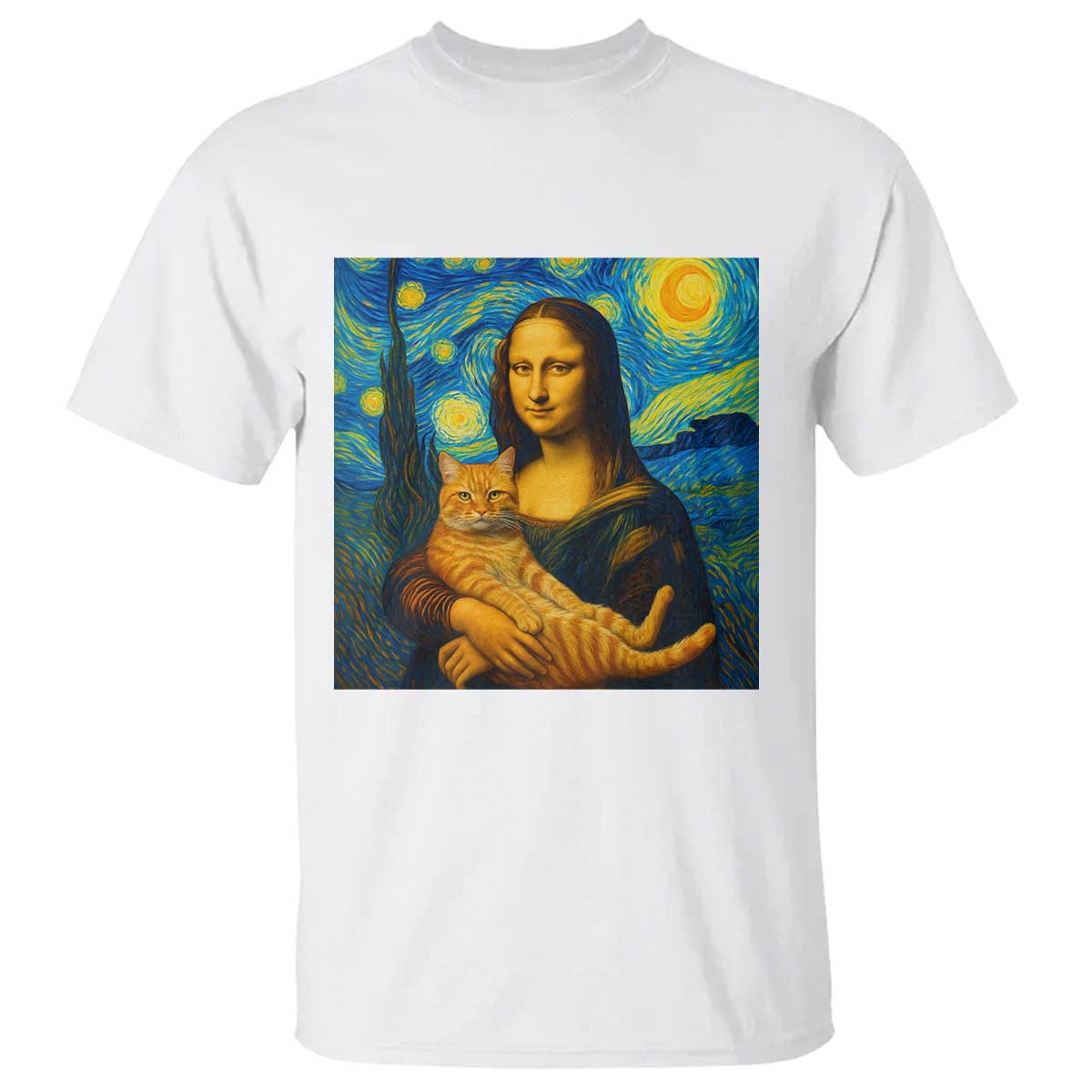 Mona Lisa Cat Starry Night T Shirt - Wonder Print Shop
