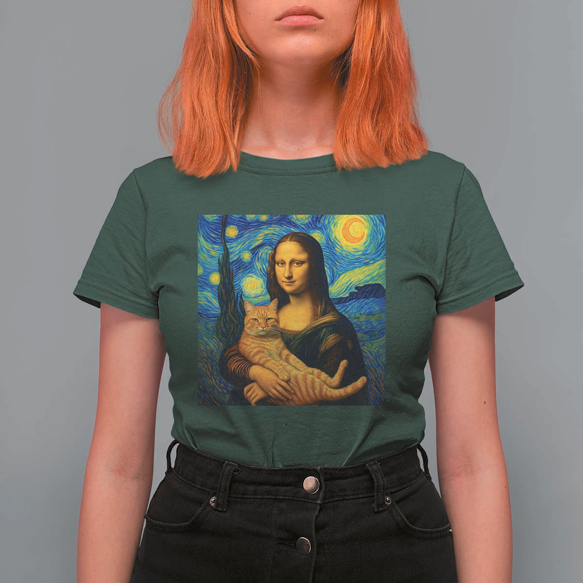 Mona Lisa Cat Starry Night T Shirt For Women - Wonder Print Shop
