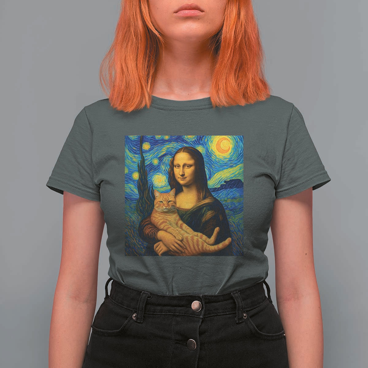 Mona Lisa Cat Starry Night T Shirt For Women - Wonder Print Shop