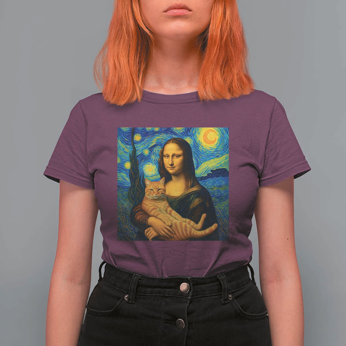 Mona Lisa Cat Starry Night T Shirt For Women - Wonder Print Shop