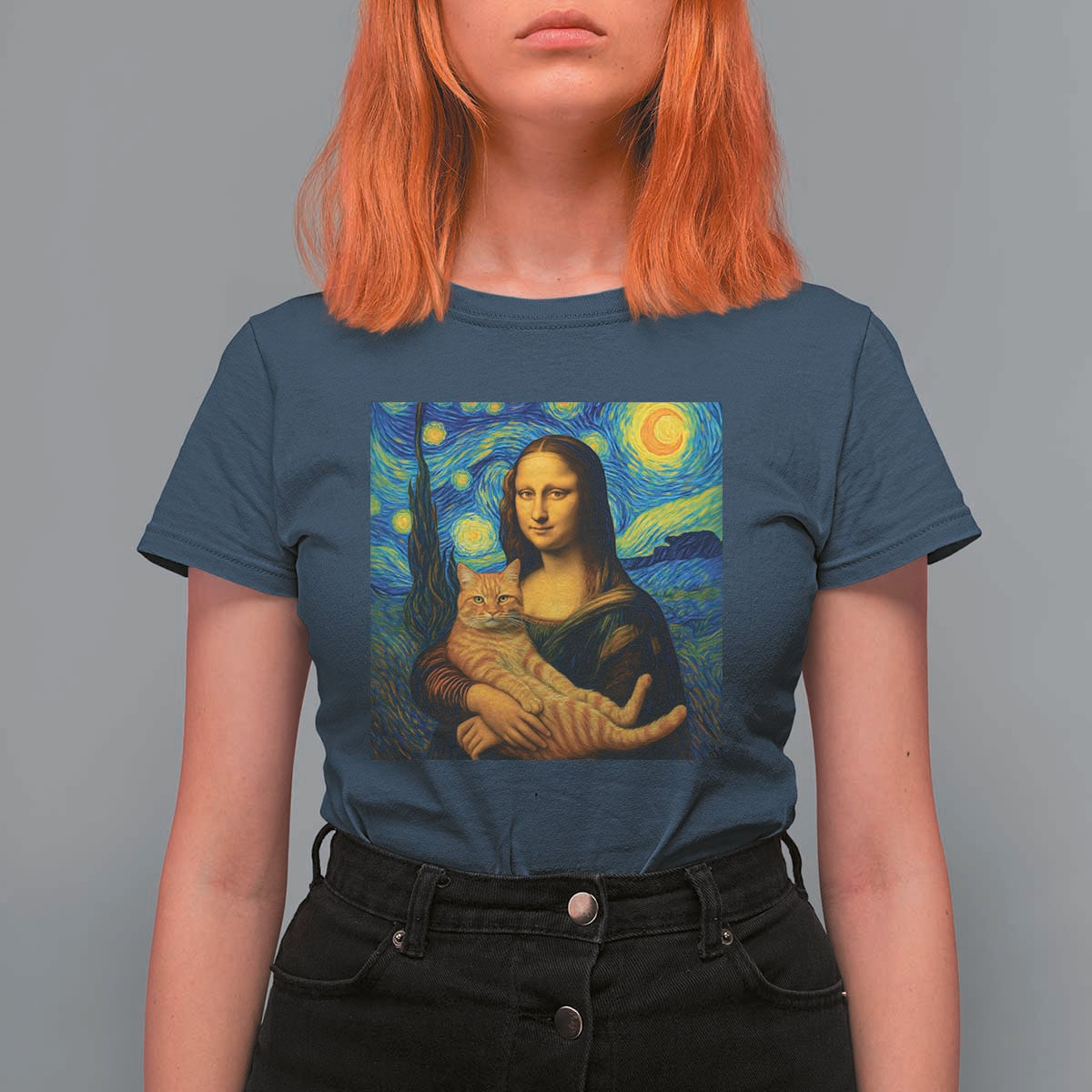 Mona Lisa Cat Starry Night T Shirt For Women - Wonder Print Shop