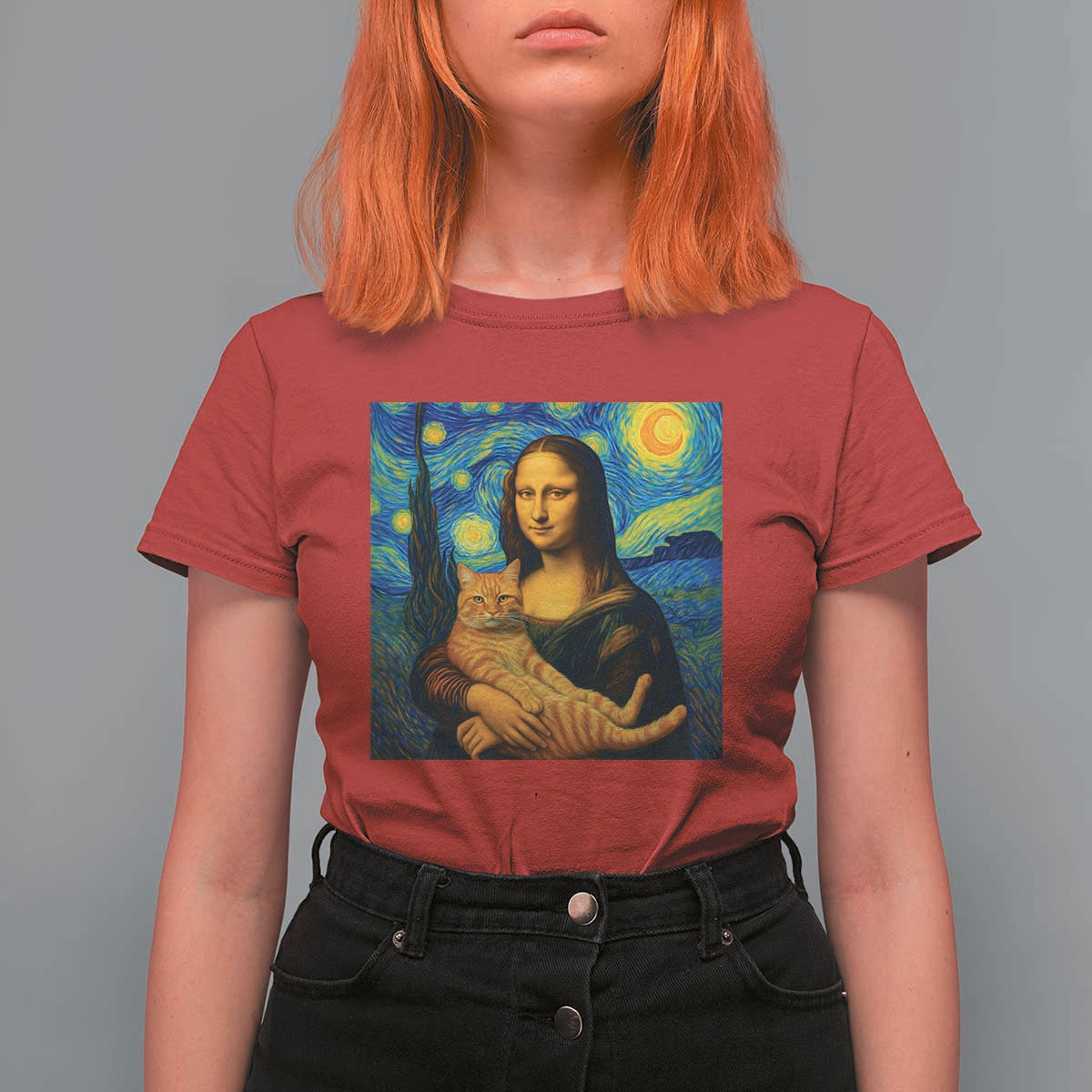 Mona Lisa Cat Starry Night T Shirt For Women - Wonder Print Shop