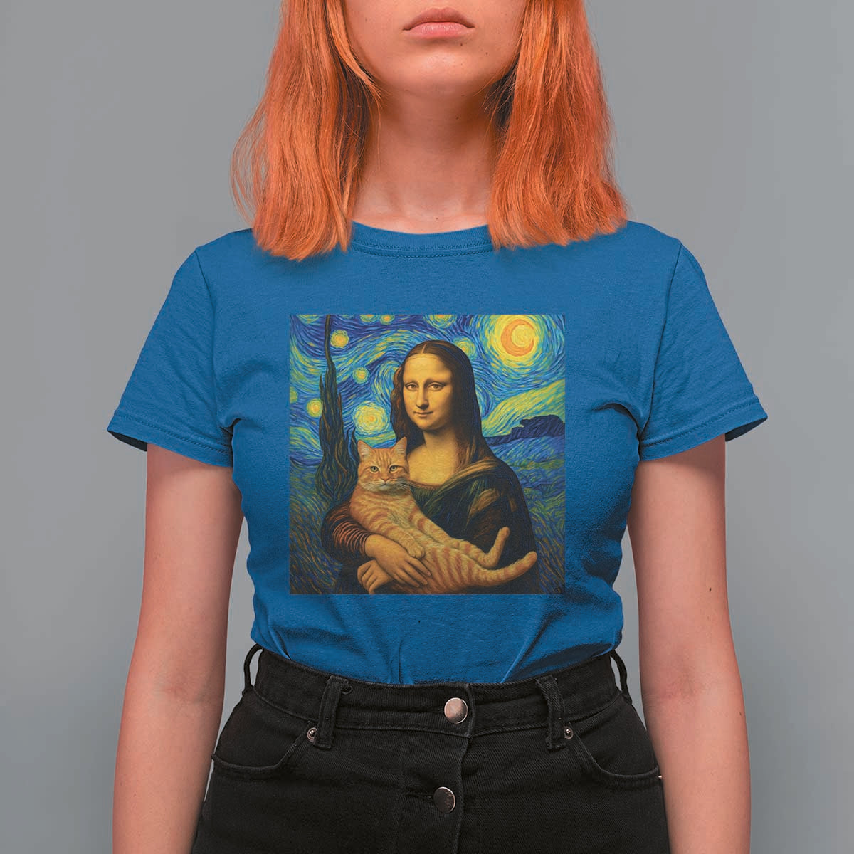 Mona Lisa Cat Starry Night T Shirt For Women - Wonder Print Shop