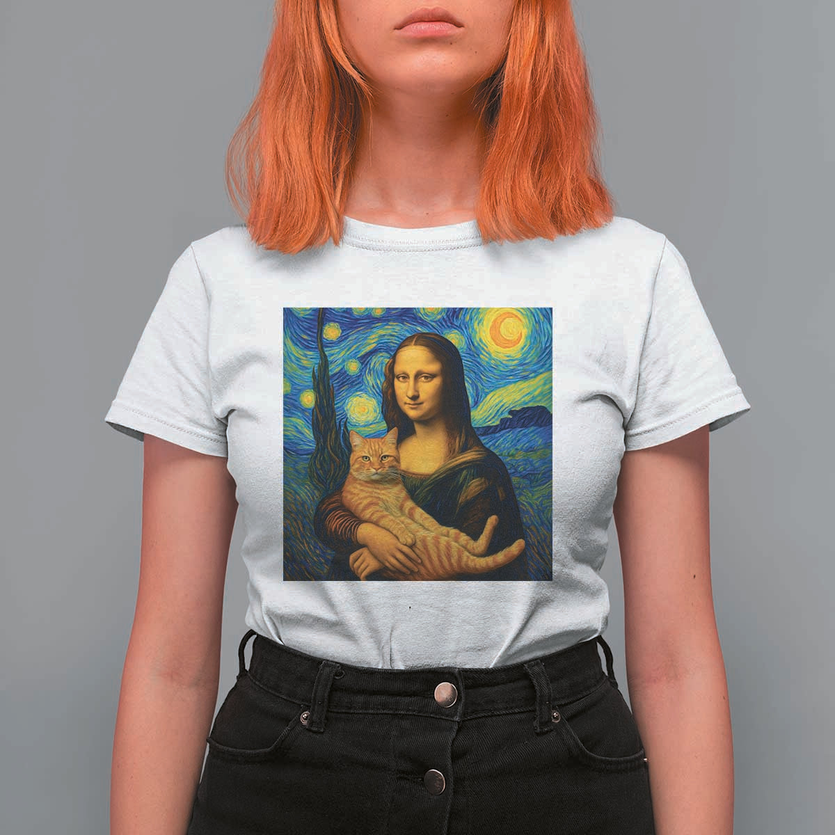 Mona Lisa Cat Starry Night T Shirt For Women - Wonder Print Shop