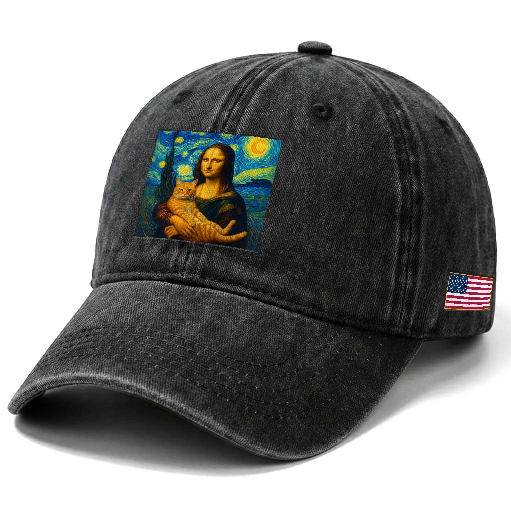 Mona Lisa Cat Starry Night Washed Cotton Baseball Cap