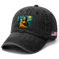 Mona Lisa Cat Starry Night Washed Cotton Baseball Cap