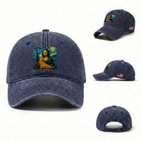 Mona Lisa Cat Starry Night Washed Cotton Baseball Cap