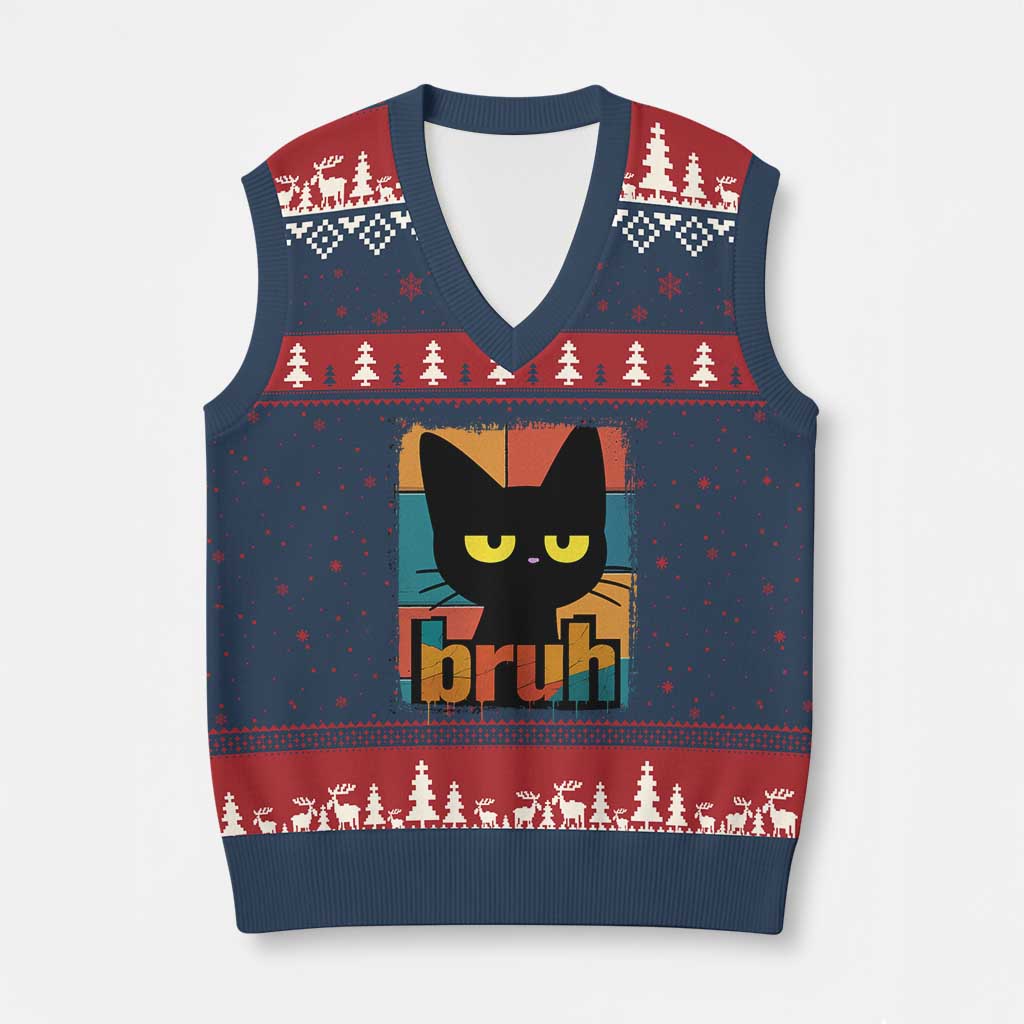 Funny Black Cat Bruh Meme V-Neck Knit Sweater Vest Funny Black Cat - Wonder Print Shop