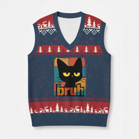 Funny Black Cat Bruh Meme V-Neck Knit Sweater Vest Funny Black Cat - Wonder Print Shop