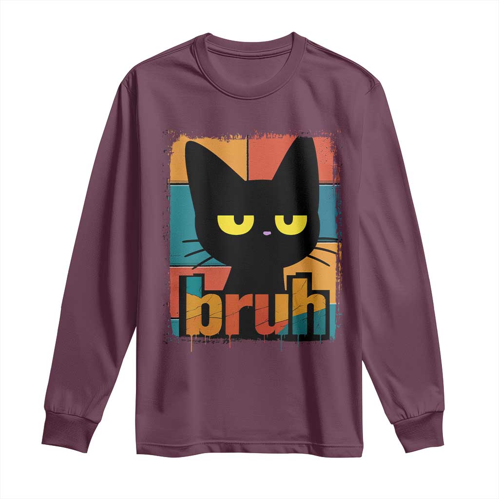 Funny Black Cat Bruh Meme Long Sleeve Shirt Funny Black Cat - Wonder Print Shop