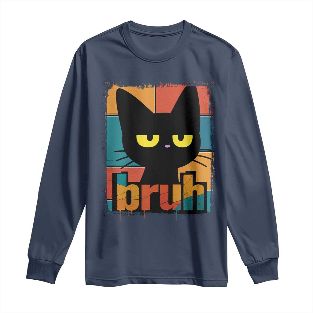 Funny Black Cat Bruh Meme Long Sleeve Shirt Funny Black Cat - Wonder Print Shop