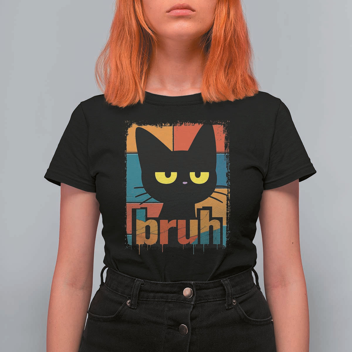 Funny Black Cat Bruh Meme T Shirt For Women Funny Black Cat - Wonder Print Shop