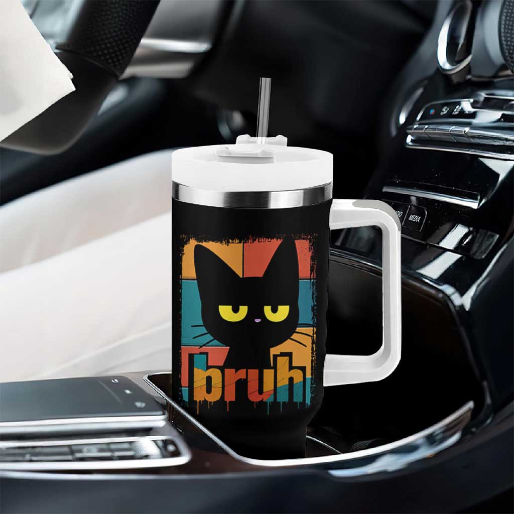 Funny Black Cat Bruh Meme Tumbler With Handle Funny Black Cat - Wonder Print Shop