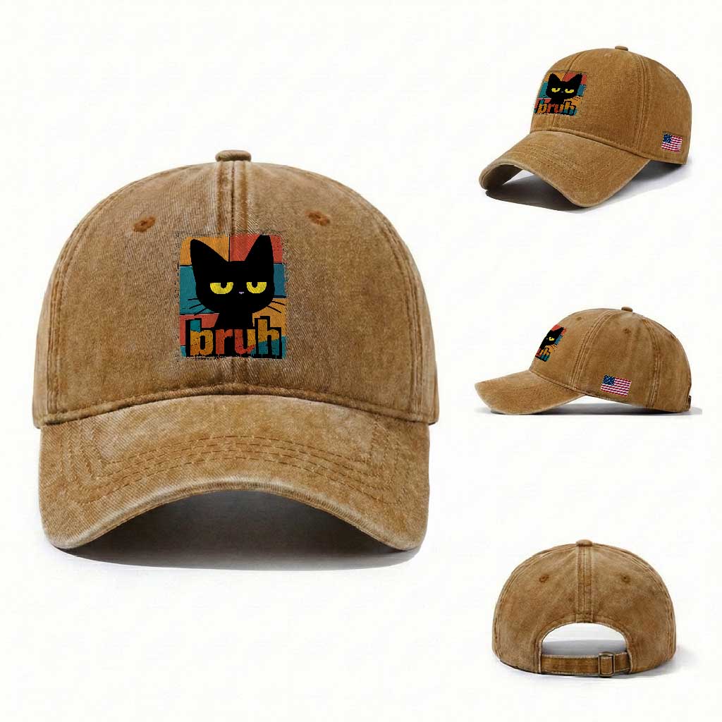 Funny Black Cat Bruh Meme Washed Cotton Baseball Cap Funny Black Cat