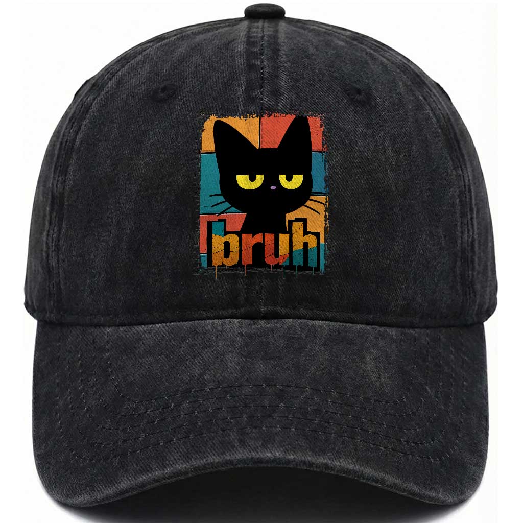 Funny Black Cat Bruh Meme Washed Cotton Baseball Cap Funny Black Cat