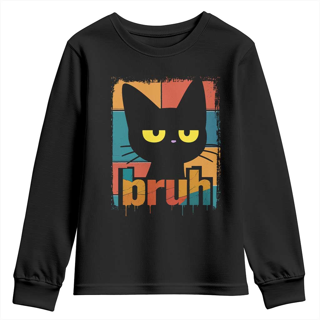 Funny Black Cat Bruh Meme Youth Sweatshirt Funny Black Cat - Wonder Print Shop