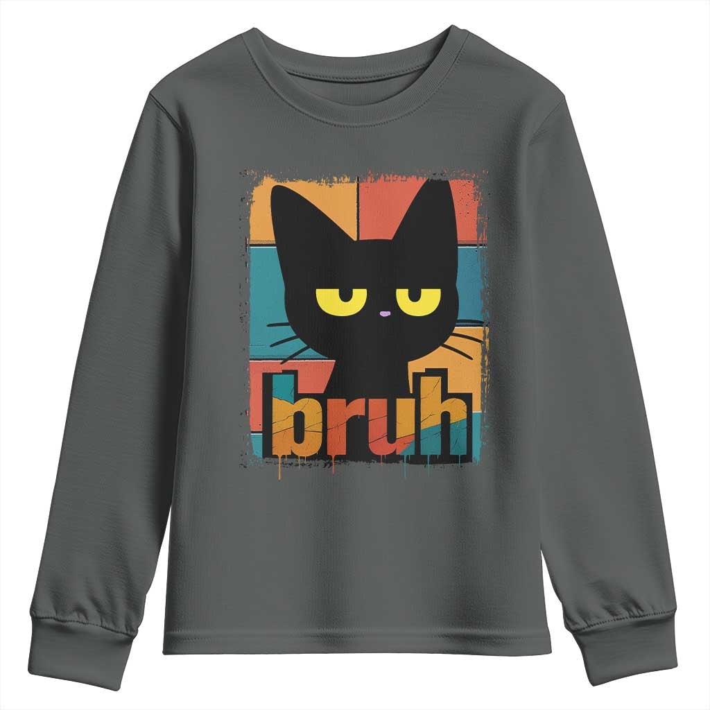 Funny Black Cat Bruh Meme Youth Sweatshirt Funny Black Cat - Wonder Print Shop