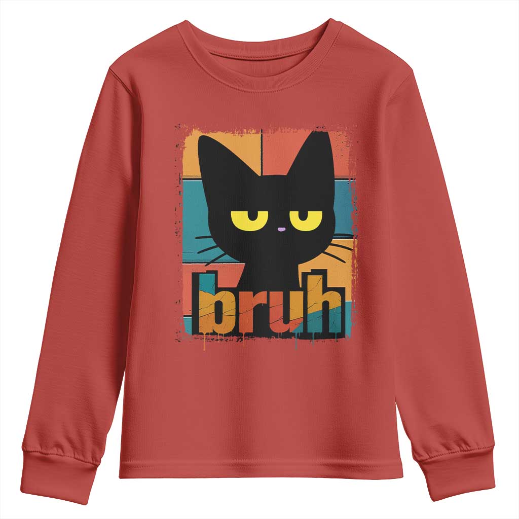 Funny Black Cat Bruh Meme Youth Sweatshirt Funny Black Cat - Wonder Print Shop