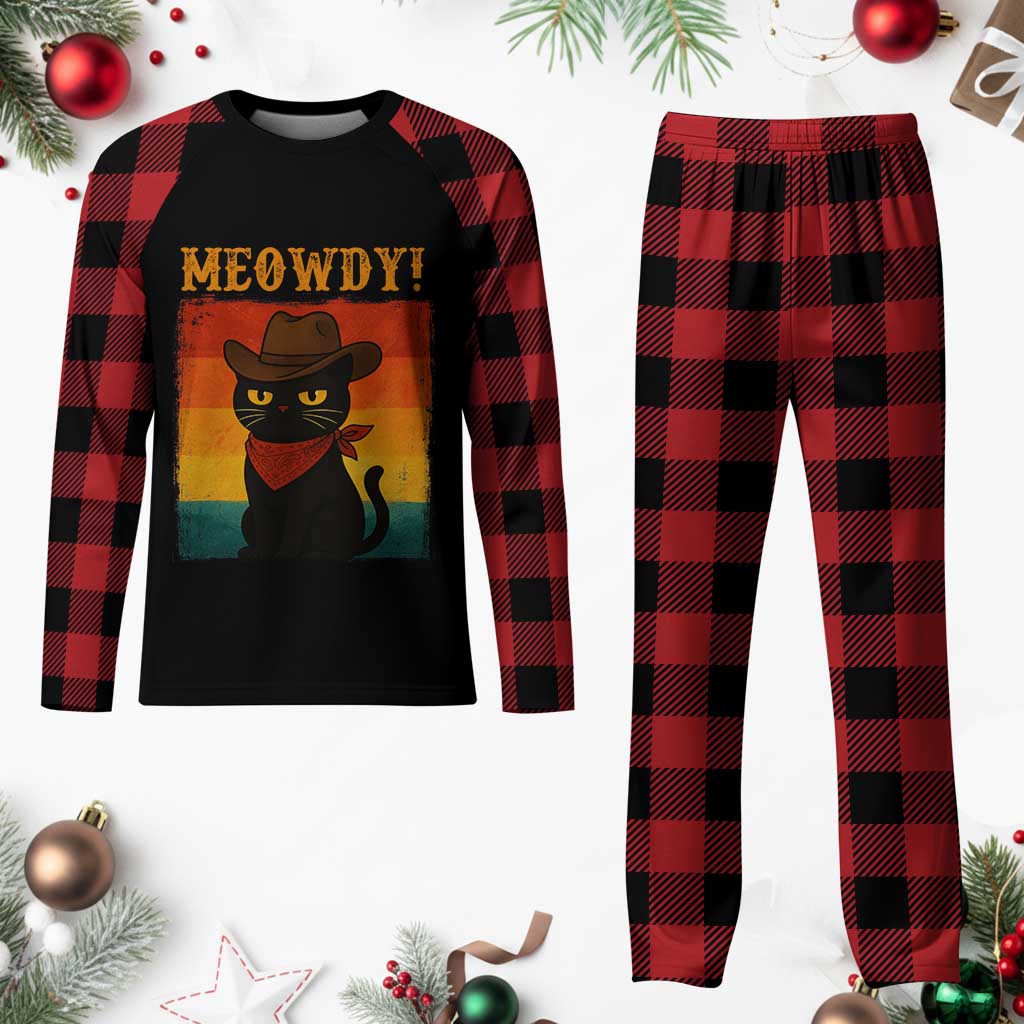 Meowdy Cowboy Cat Plaid Pajama Set Cute Black Kitten Country Western - Wonder Print Shop