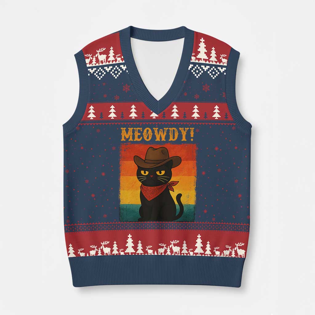 Meowdy Cowboy Cat V-Neck Knit Sweater Vest Cute Black Kitten Country Western - Wonder Print Shop