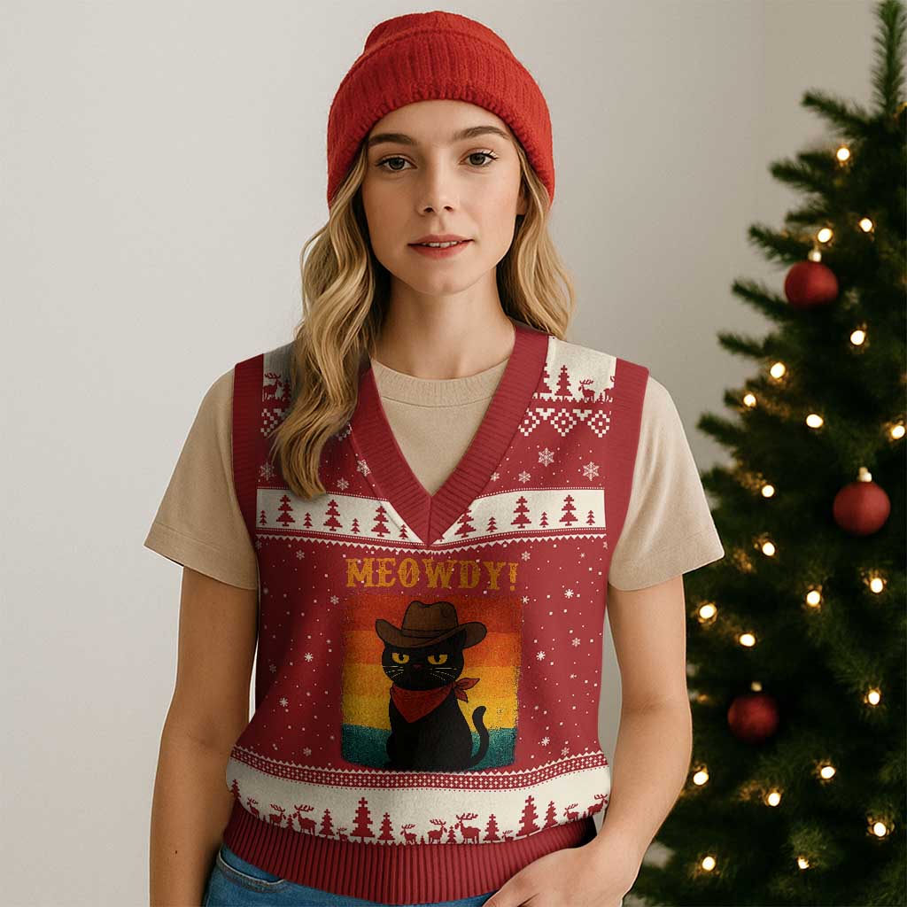 Meowdy Cowboy Cat V-Neck Knit Sweater Vest Cute Black Kitten Country Western - Wonder Print Shop
